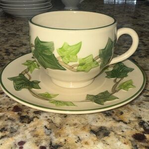 Franciscan Cream Cup and Saucer with Green Leaf Pattern